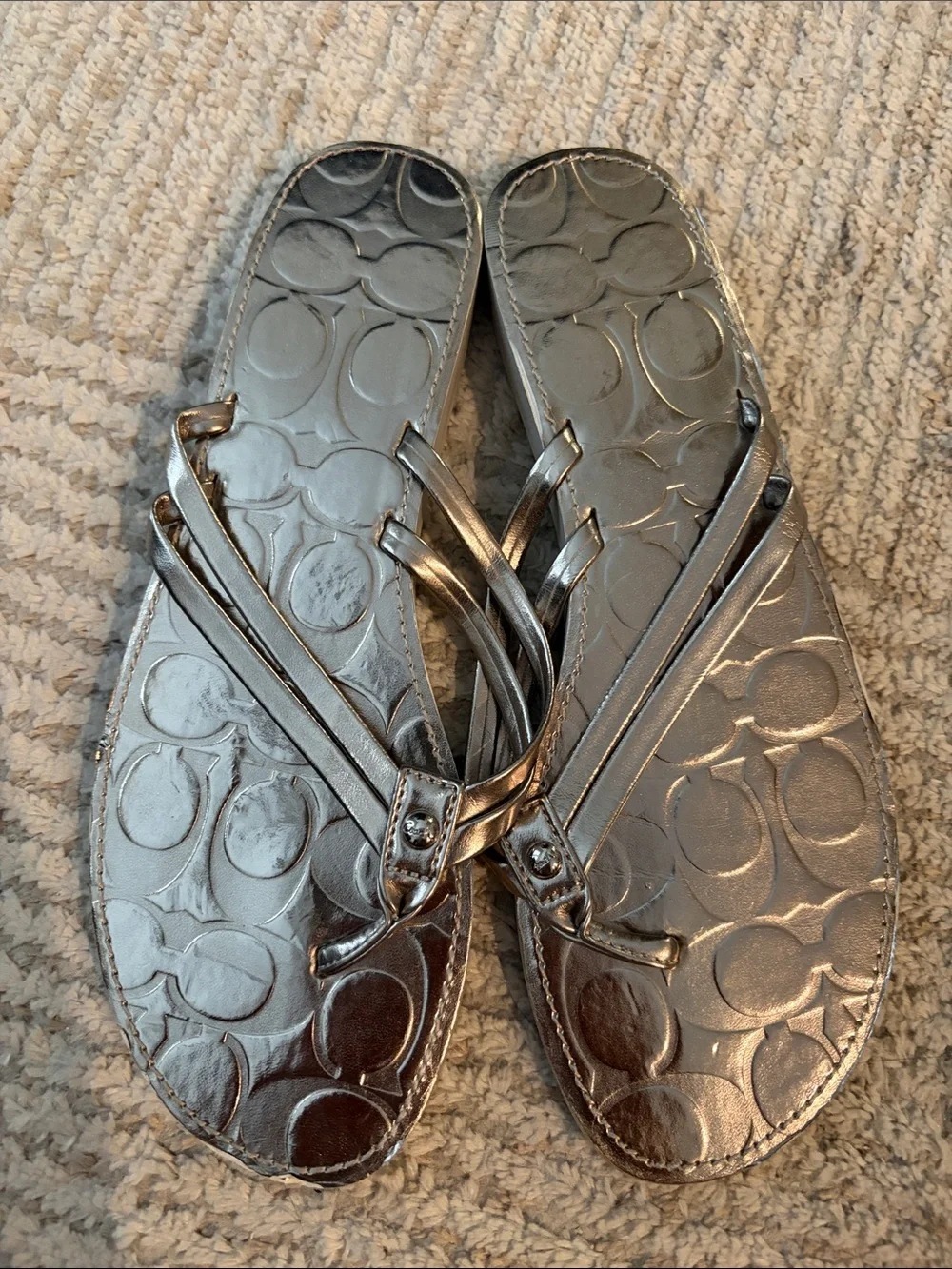 Coach Metallic Silver Logo Thong Sandals